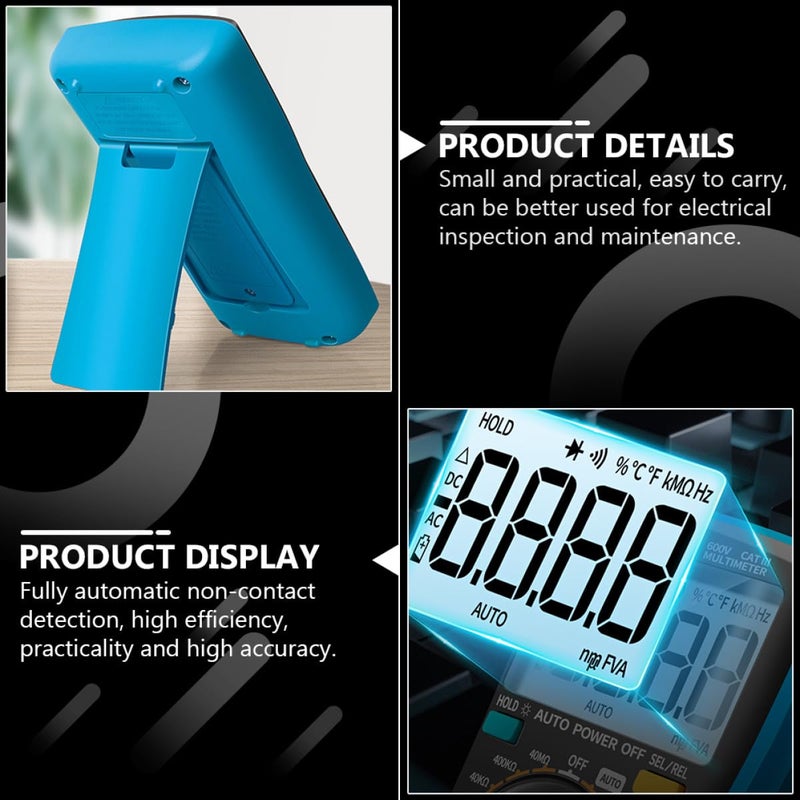 Blue Digital Multimeter with Non Contact Detection Double Fuse Safety Accurate Volt Ohm Tester - Image 2